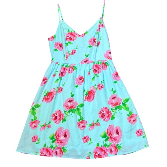 Bo Bel Dress Womens Small Aqua Blue Floral Bow Back Sleeveless Fit Flare Summer - Picture 2 of 16